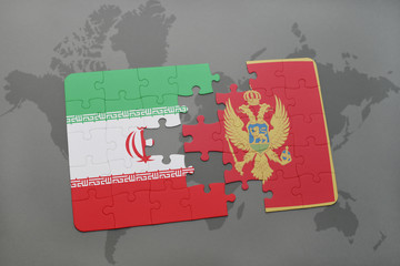 puzzle with the national flag of iran and montenegro on a world map background.