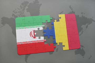 puzzle with the national flag of iran and romania on a world map background.