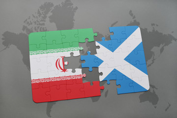puzzle with the national flag of iran and scotland on a world map background.
