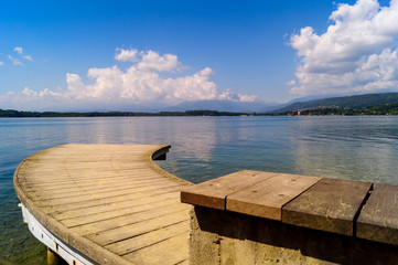 Lake of Viverone panorama with mountains on horizon.