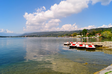 Lake of Viverone panorama with mountains on horizon.