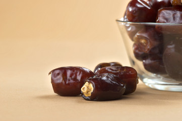 Dates in glass bowl. Dries dates fruit