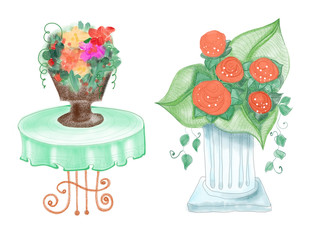 Drawn colordul flower vases on the table