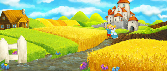 Obraz na płótnie Canvas Cartoon happy farm scene with castle in the background - illustration for children
