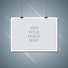 Vector paper frame mockup hanging with paper clip