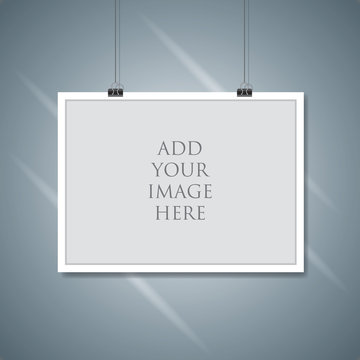 Vector paper frame mockup hanging with paper clip