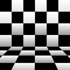 Fototapeta premium Black and white checkerboard background with the wall and the floor. Vector artwork in perspective. 