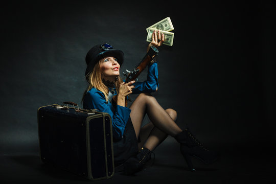 Steampunk girl with cash.