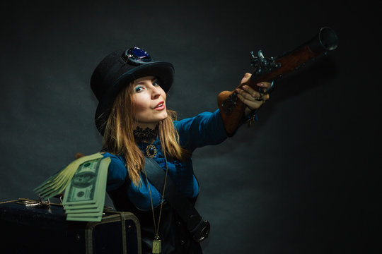 Steampunk girl with cash.