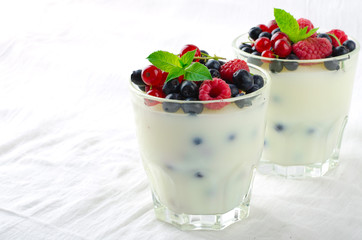 Sweet dessert, pudding, panna cotta with mix berries and mint