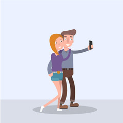 loving couple makes selfie. Flat.