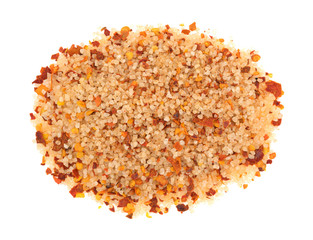 Portion of salt, red chili and paprika on white background.