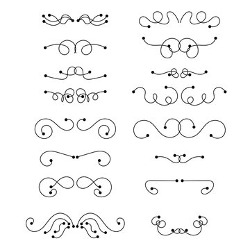 Abstract black thin line curly headers. Retro design element set isolated on white background. Dividers in linear style. Hand drawn swirls. Vector illustration.