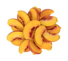 Group of nectarine slices on a white background.