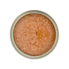 Deviled ham in a can on a white background.