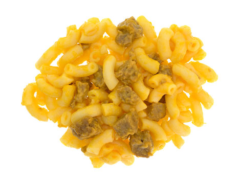 Portion Of Mac And Cheese With Hamburger Chunks On A White Background.