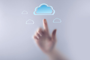 Hand pushing button on virtual screen