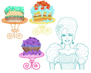 Drawn queen in blue color and colorful chocolate cakeson the table