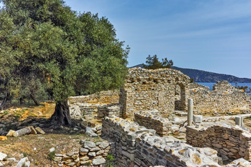 Fototapeta na wymiar Panorama to Ruins of ancient church in Archaeological site of Aliki, Thassos island, East Macedonia and Thrace, Greece