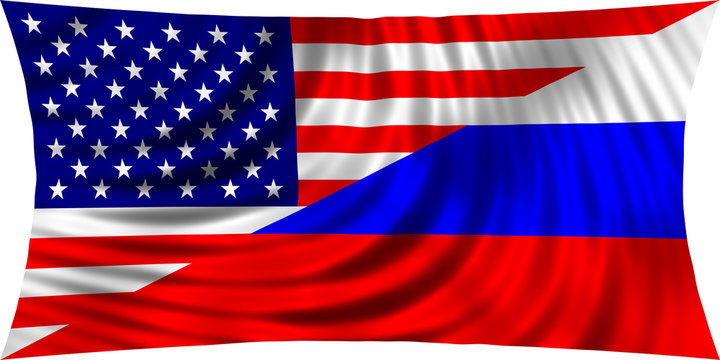 American and Russian flag together waving on white