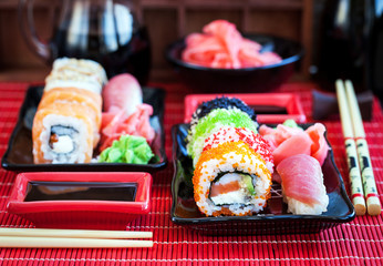 Assorted of fresh delicious sushi and rolls