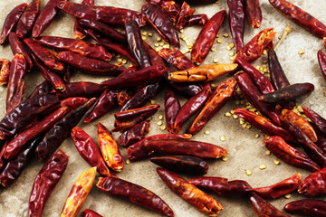 Dried red chilis on a rustic background