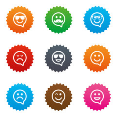 Smile icons. Sunglasses, mustache and laughing.