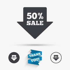 50 percent sale arrow tag sign icon.