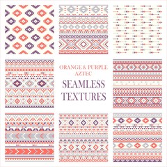 Set of Seamless Ethnic pattern textures. Orange & Purple. Navajo geometric print. Rustic decorative ornament. Abstract geometric pattern. Native American pattern. Ornament for the design of clothing