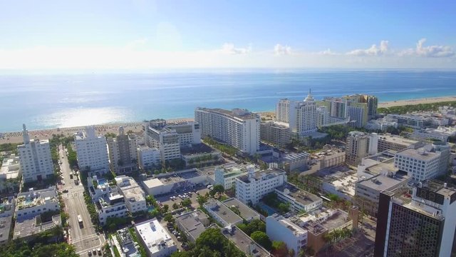 Aerial drone video of Miami Beach oceanfront hotels