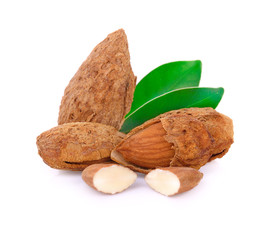 Almond with leaves isolated on white