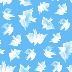 Watercolor white birds seamless pattern on blue background.