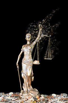 Lady Justice holding imbalanced scale becoming dust isolated on black background (Injustice concept)