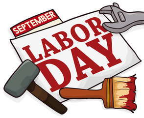 Obraz premium Banner with Work Tools to Celebrate Labor Day, Vector Illustration