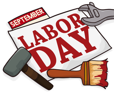 Banner with Work Tools to Celebrate Labor Day, Vector Illustration