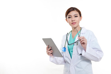 Female Asian doctor holding a digital tablet.
