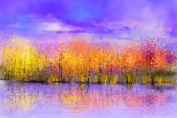 Zelfklevend Fotobehang Landschap met olieverfschilderij - kleurrijke herfstbomen. Semi abstract beeld van bos, bomen met geel, rood blad en meer. Herfst, herfst seizoen natuur achtergrond. Handgeschilderd landschap, impressionistische stijl © nongkran_ch