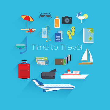 Time to travel poster template on blue background. Vector illustration