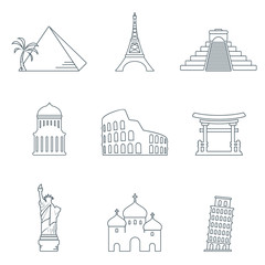 World landmarks line icons 