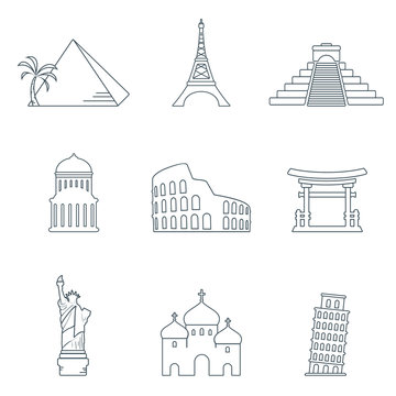 World landmarks line icons 