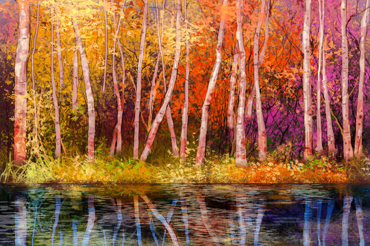 Oil painting landscape - colorful autumn trees. Semi abstract image of forest, trees with yellow - red leaf and lake. Autumn, Fall season nature background. Hand Painted landscape, Impressionist style