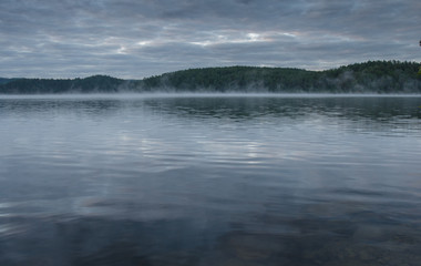 morning mist rises above the surface of forest lake