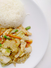 Vegetarian Food with Fried Vegetables and Tofu on white dish, Healthy food