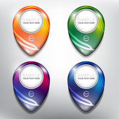 Abstract vector map pointers set of 4. Round pebble stones. Colorful and glossy on the white panel. Vector illustration. Eps10.