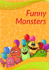 Fototapeta premium Background for Your Holiday Party Design with Different Cartoon Monsters, Colorful Illustration with Cute Funny Characters. Eps10, Contains Transparencies. Vector