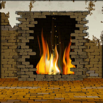 Old brick wall with a fireplace and floor in perspective