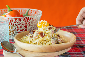 Spaghetti Carbonara with ham cheese and egg