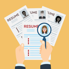 woman resume with magnifier at the table. Cv resume concept. Finding a worker. Apply for a job. Business opportunity. Cv profile.