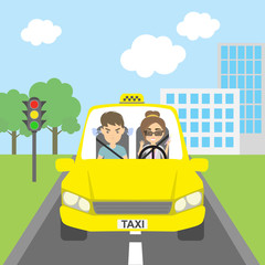 Woman taxi driver with passenger. Riding on the city street. Yellow car for urban service. Thoughtless female driver and angry male passenger.