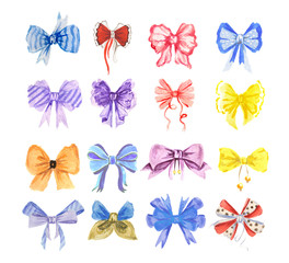 Fototapeta na wymiar Watercolor bow set. Different colorful bows and ribbons for holidays, greeting and celebration as Christmas, birthday, Valentines day and wedding.